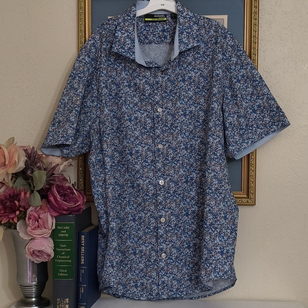 Performance Lightweight Blue Floral Men's Shirt Large Outdoors Party Casual - Picture 4 of 9